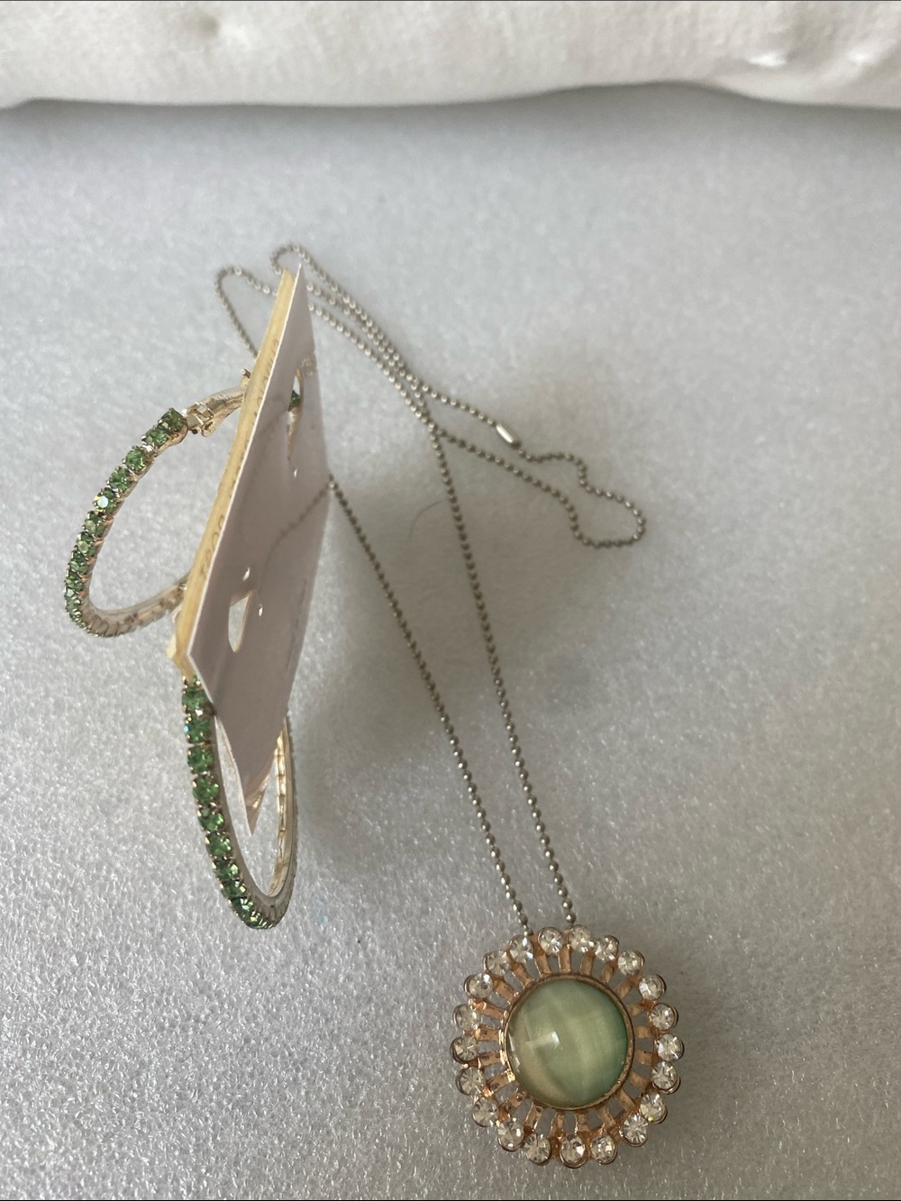 Green Crystal Hoop Earrings and Green Gem Pendant Necklace Set